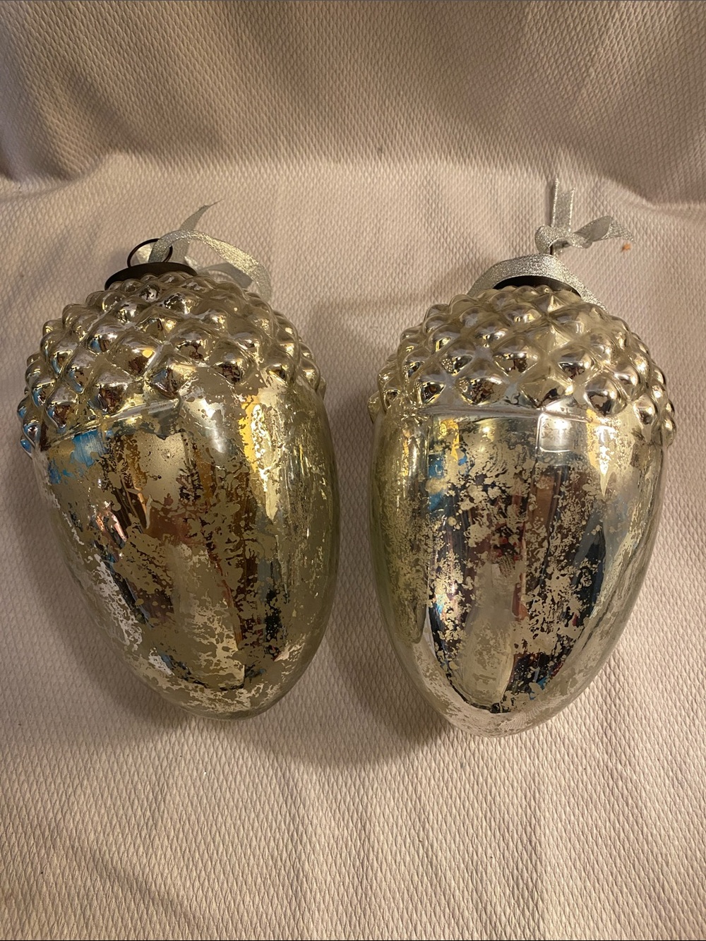 2 large mercury glass acorns